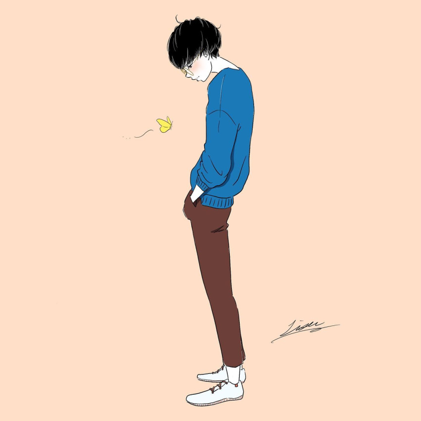 1boy, artist_name, black_hair, blue_sweater, blush, brown_pants, bug, butterfly