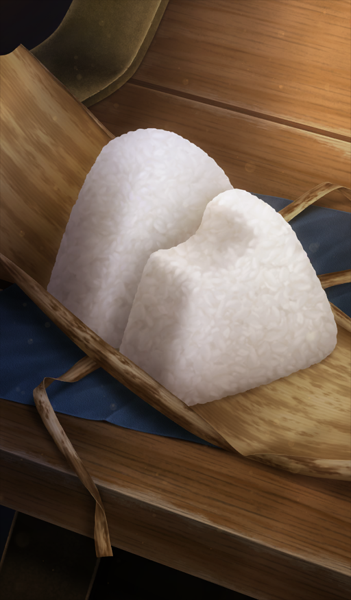 brown_background, commentary_request, fate/grand_order, fate_(series), food, food_focus, game_cg, light_particles, mibuta_akihiro, no_humans, official_art, onigiri, rice, still_life, third-party_source