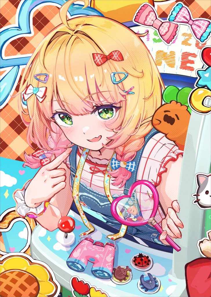 1girl, ahoge, amakumo517, arcade, binoculars, blonde_hair, blue_ribbon, blunt_bangs