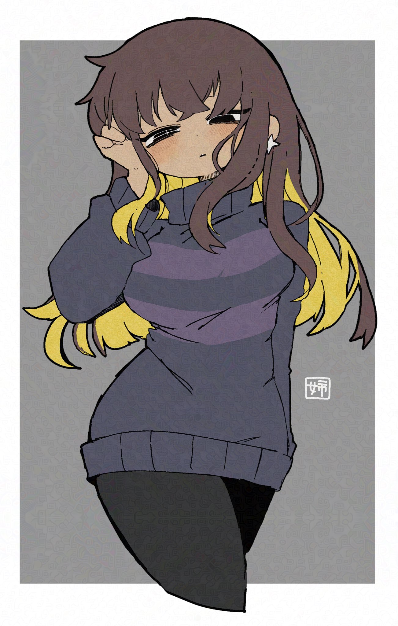 +_+, 1girl, adversarial_noise, aged_up, arm_behind_back, black_eyes, black_pants, blonde_hair
