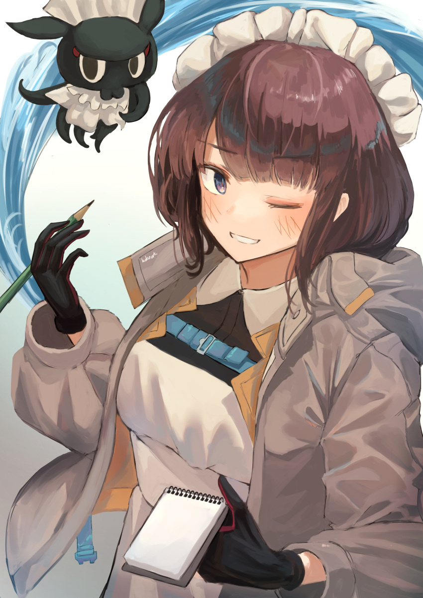 1girl, absurdres, apron, black_gloves, black_hair, blush, commentary, fate/grand_order