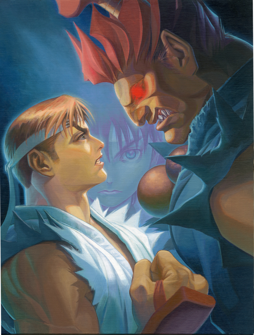 1990s_(style), 1girl, 2boys, akuma_(street_fighter), bare_shoulders, bead_necklace, beads, blue_eyes, blue_sailor_collar, brown_hair, clenched_hand, clenched_teeth, dai-chan, dark-skinned_male, dark_skin, dougi, faceoff, from_side, game_cg, glowing, glowing_eyes, headband, height_difference, highres, jewelry, karate_gi, kasugano_sakura, looking_at_another, looking_at_viewer, multiple_boys, muscular, necklace, non-web_source, official_art, oil_painting_(medium), painting_(medium), parted_lips, pink_lips, prayer_beads, red_eyes, red_hair, retro_artstyle, ryu_(street_fighter), sailor_collar, shirt, spiky_hair, street_fighter, street_fighter_zero_(series), street_fighter_zero_2_cover, teeth, thick_eyebrows, topknot, torn_clothes, torn_shirt, traditional_media, upper_body, white_headband