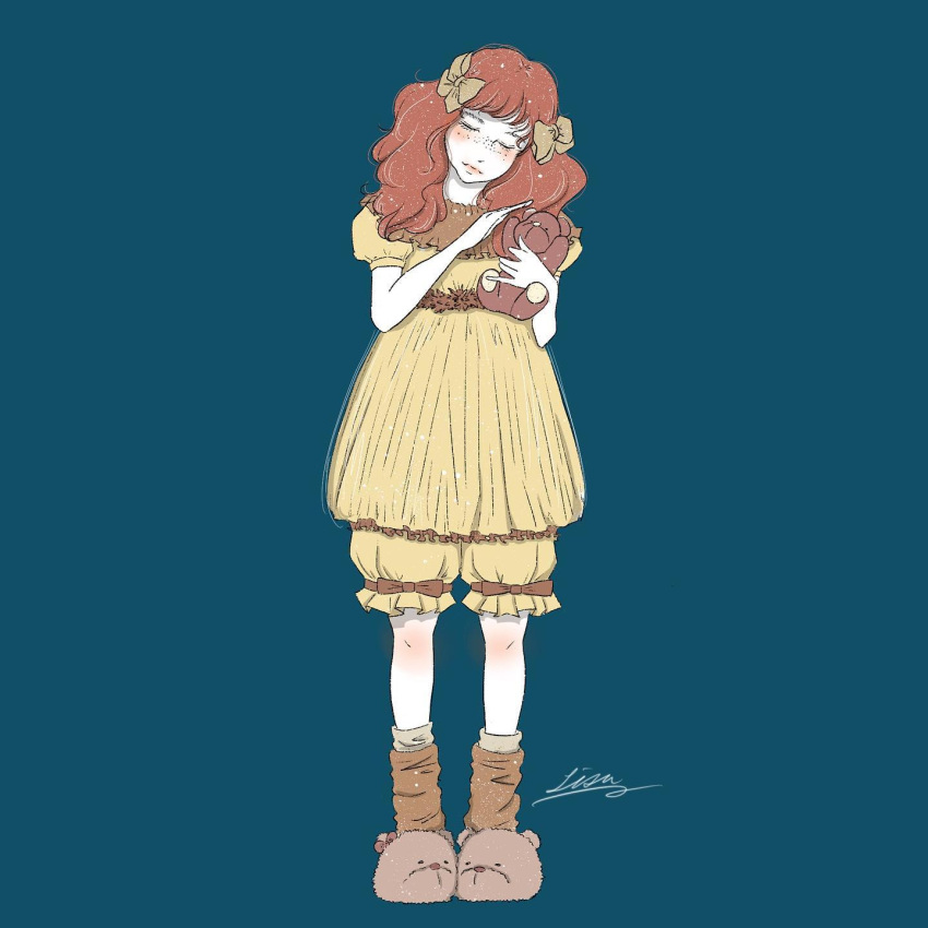 1girl, animal_slippers, artist_name, bear_slippers, bloomers, blue_background, blush, bow