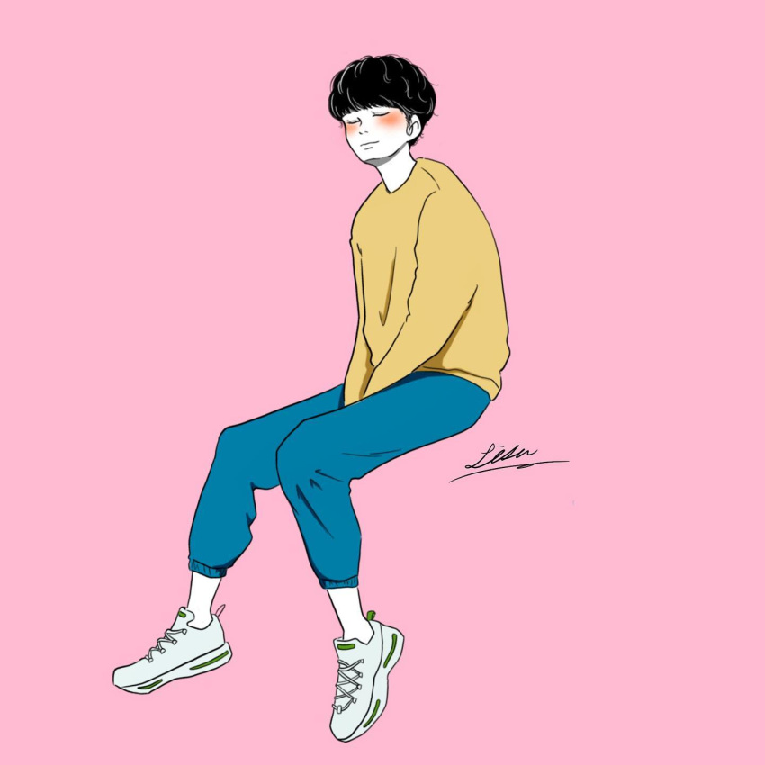 1boy, artist_name, between_legs, black_hair, blue_pants, blunt_bangs, blush, capri_pants