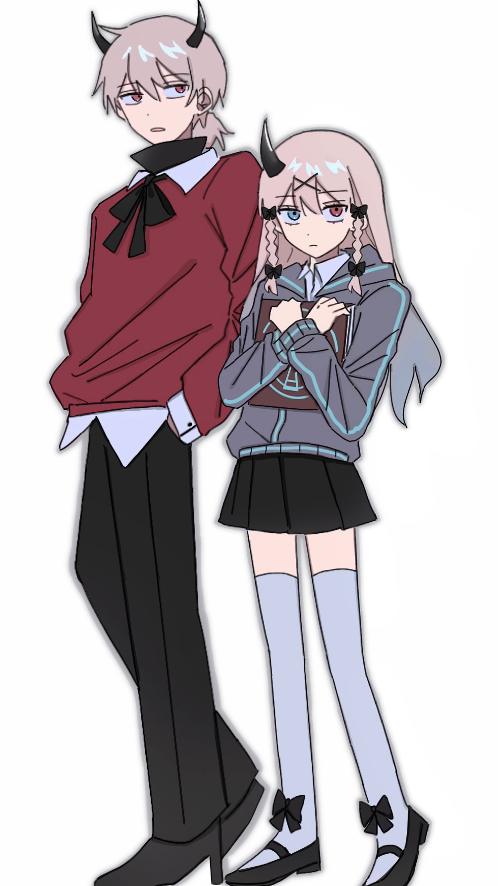 1boy, 1girl, ankle_boots, black_boots, black_bow, black_bowtie, black_horns, black_pants