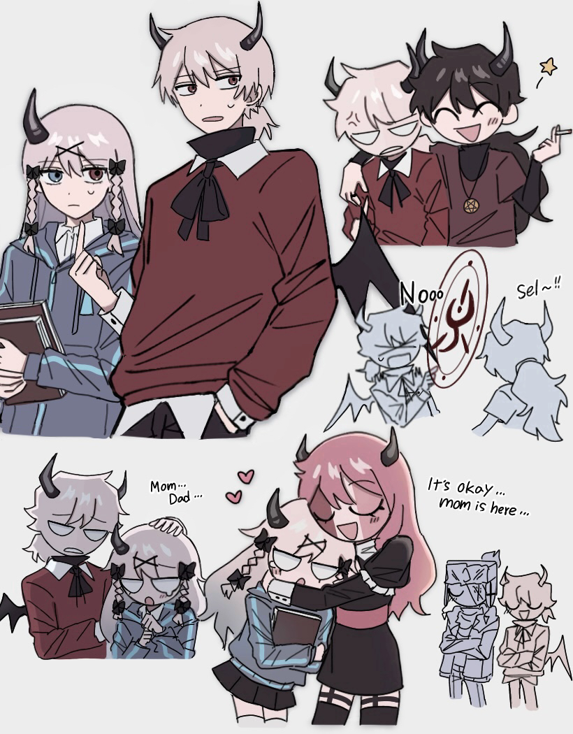 2girls, 3boys, :d, :o, ^_^, belt, black_bow, black_bowtie