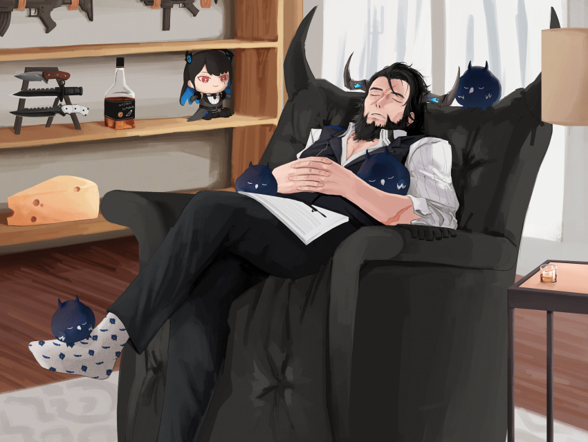 1boy, absurdres, alcohol, assault_rifle, beard, black_hair, bottle, chair