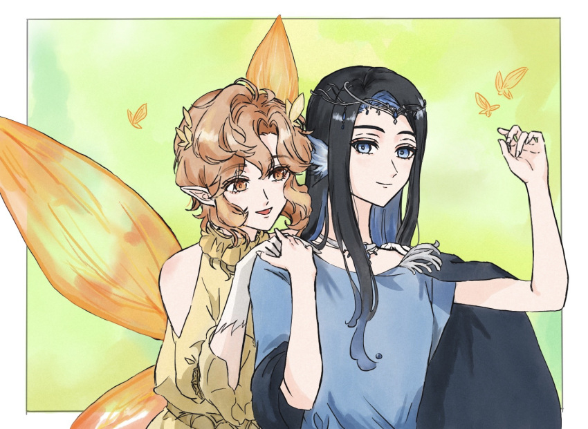 2others, arionus_(shining_nikki), bare_arms, bare_shoulders, black_cape, black_hair, blue_eyes, blue_hair