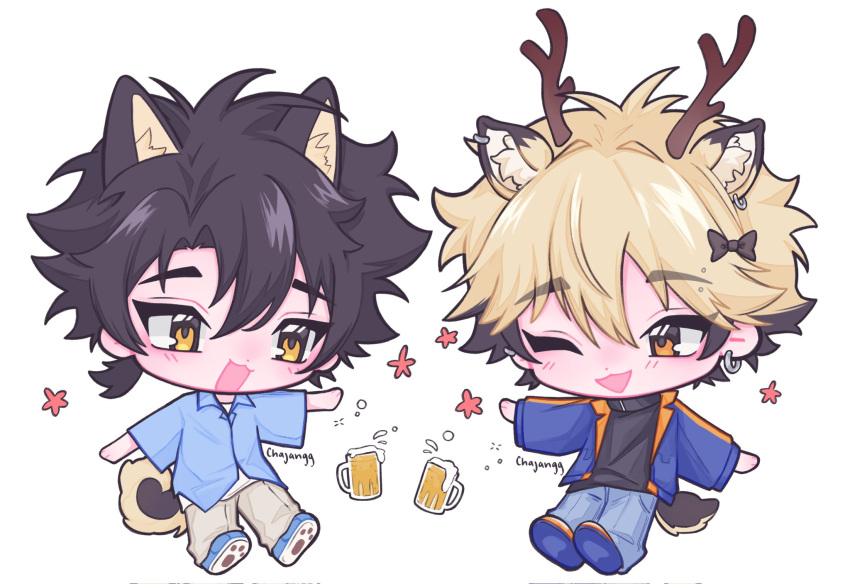 2boys, :3, animal_ear_piercing, antlers, beer_mug, black_bow, black_hair, blonde_hair, blue_jacket, blue_shirt, bow, chajangg1, cheng_xiaoshi, cheng_xiaoshi_(bridon), chibi, chibi_only, commentary, cup, deer_antlers, ear_piercing, english_commentary, eyebrow_piercing, face_piercing, full_body, hair_bow, highres, horns, jacket, looking_at_another, male_focus, mug, multiple_boys, one_eye_closed, open_clothes, open_jacket, open_mouth, orange_eyes, piercing, ponytail, shiguang_dailiren, shirt, short_ponytail, simple_background, smile, tail, white_background, xia_fei