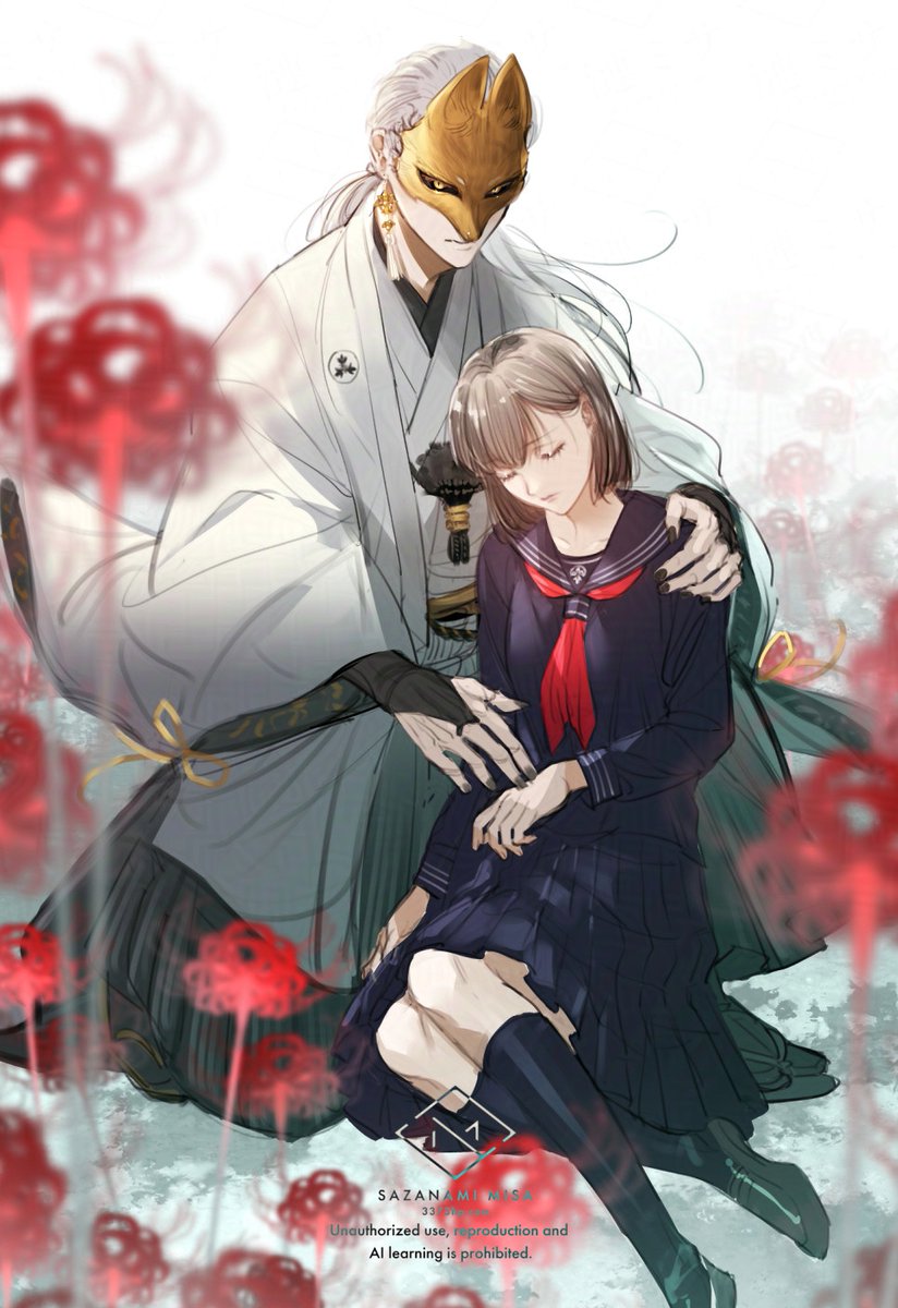 1boy, 1girl, artist_name, black_serafuku, flower, fox_mask, fox_mask_(silent_hill), grey_robe