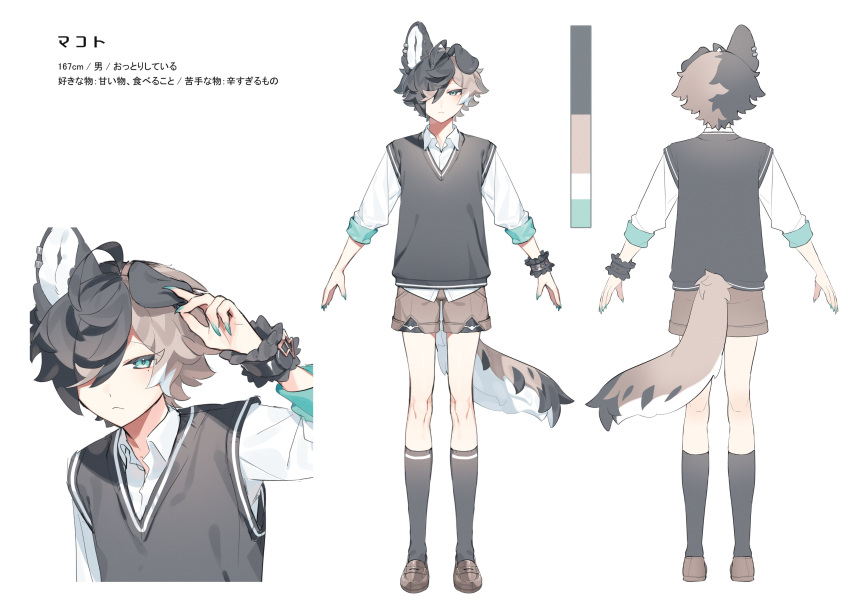 1boy, absurdres, animal_ears, black_hair, black_socks, black_sweater_vest, blue_eyes, brown_hair