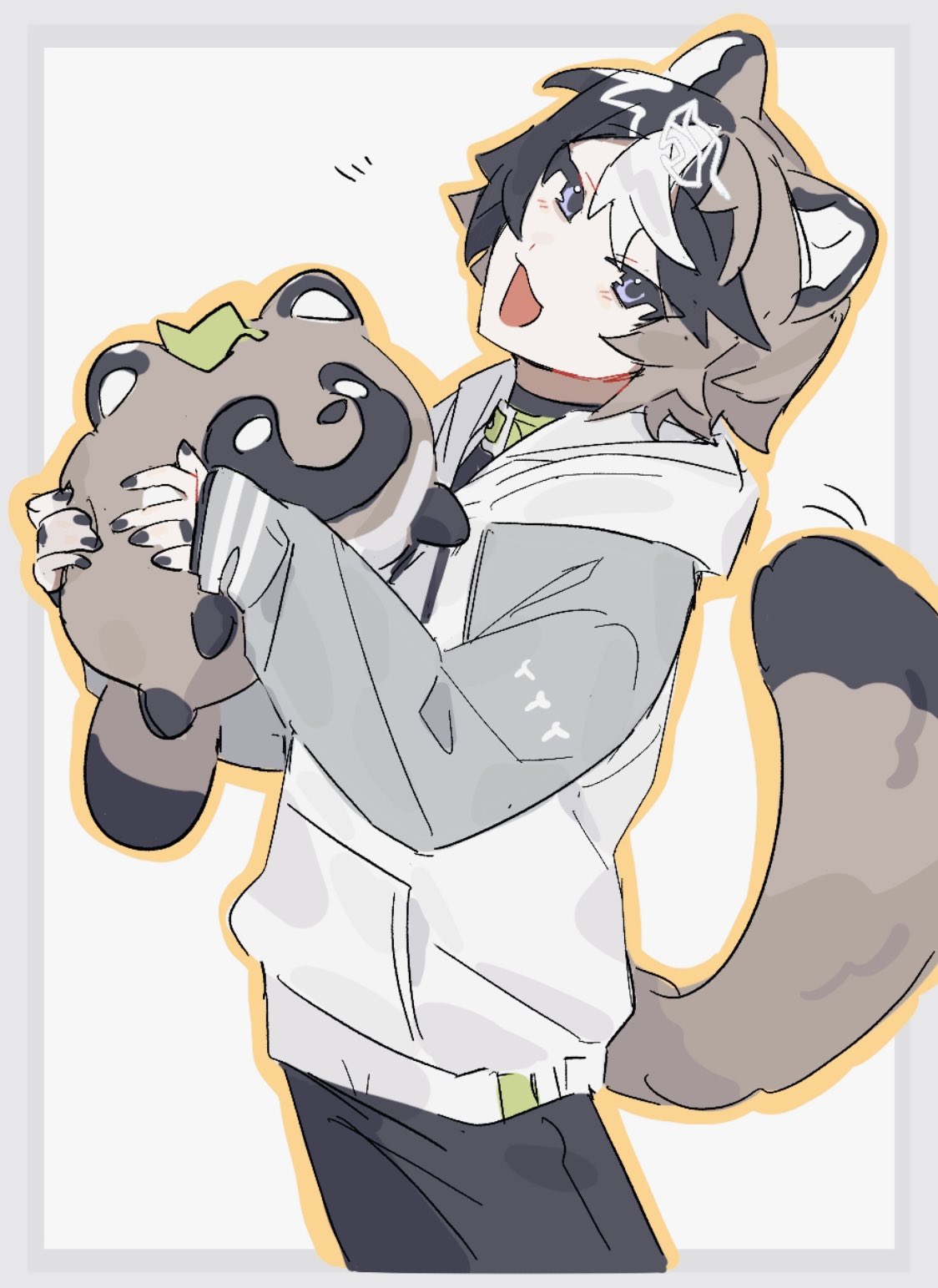 1boy, :3, animal_collar, animal_ears, black_hair, blue_eyes, border, brown_hair