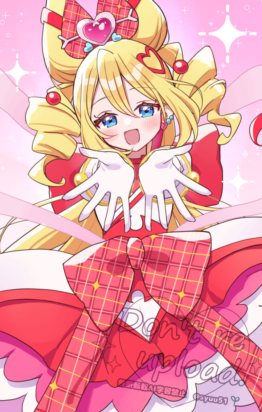 1girl, absurdres, blonde_hair, blue_eyes, blush, bow, cure_idol, dress