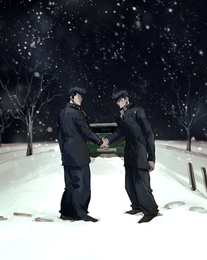 2boys, album_cover_redraw, bare_tree, black_hair, car, derivative_work, diamond_wa_kudakenai, footprints