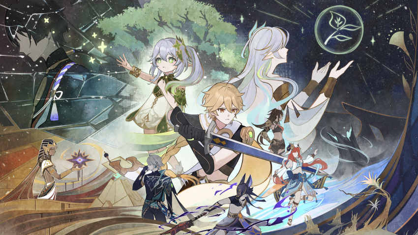 4girls, 5boys, absurdres, aether_(genshin_impact), alhaitham_(genshin_impact), ancient_egyptian_clothes, animal_ear_hood, anna_(drw01)