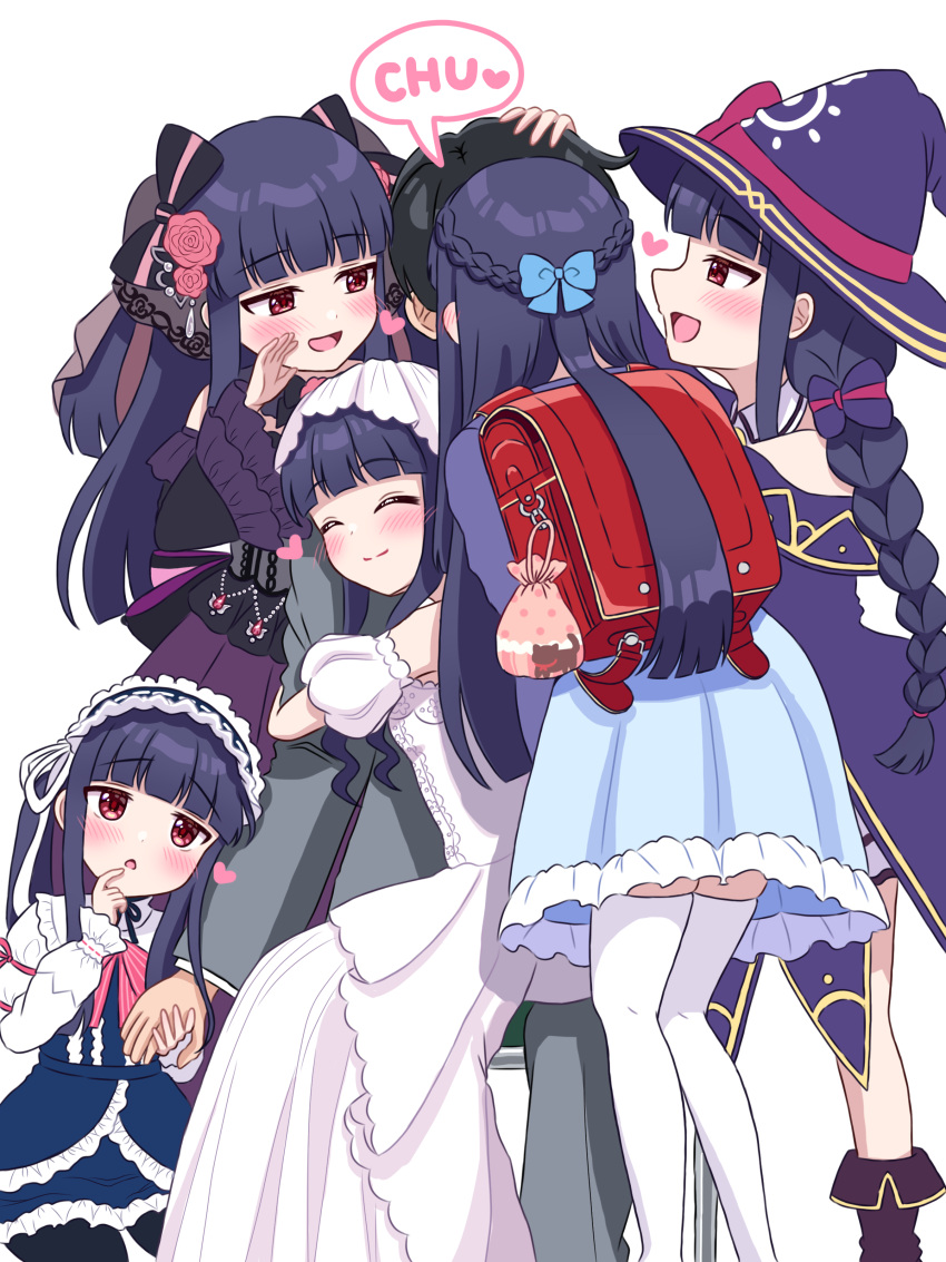 1boy, 5girls, ^_^, absurdres, backpack, bag, black_bow, blue_bow, blue_dress, blue_hair, blunt_bangs, blush, bow, braid, clone, closed_eyes, commentary_request, dress, flower, girl_sandwich, grey_suit, hair_bow, hair_flower, hair_ornament, half_up_braid, harem, hat, heart, hetero, highres, holding_hands, hug, idolmaster, idolmaster_cinderella_girls, implied_kiss, jirai_kei, lolita_fashion, multiple_girls, multiple_persona, nagi_kai, randoseru, red_bag, red_eyes, sajo_yukimi, sandwiched, smile, suit, surrounded, thigh-highs, wedding_dress, whispering, whispering_in_ear, white_dress, white_thighhighs, witch_hat