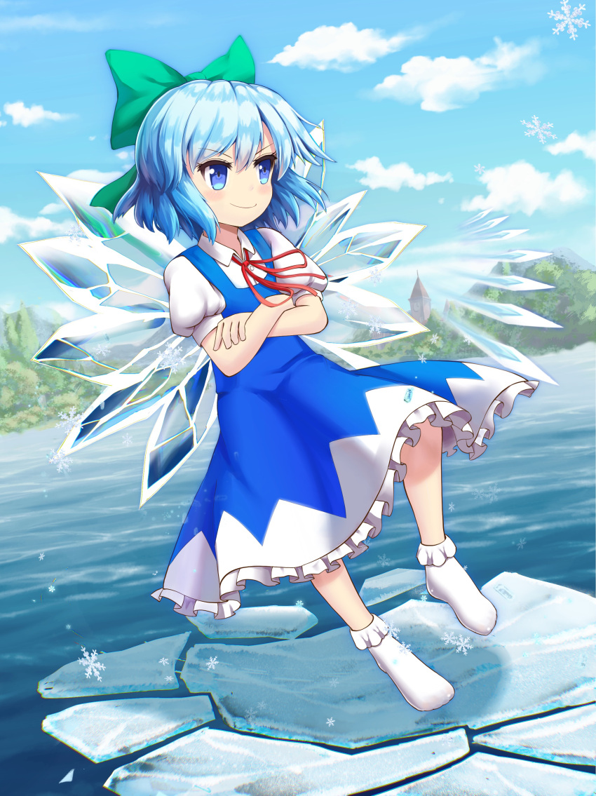 1girl, absurdres, blue_dress, blue_eyes, blue_hair, blue_sky, blush, bow