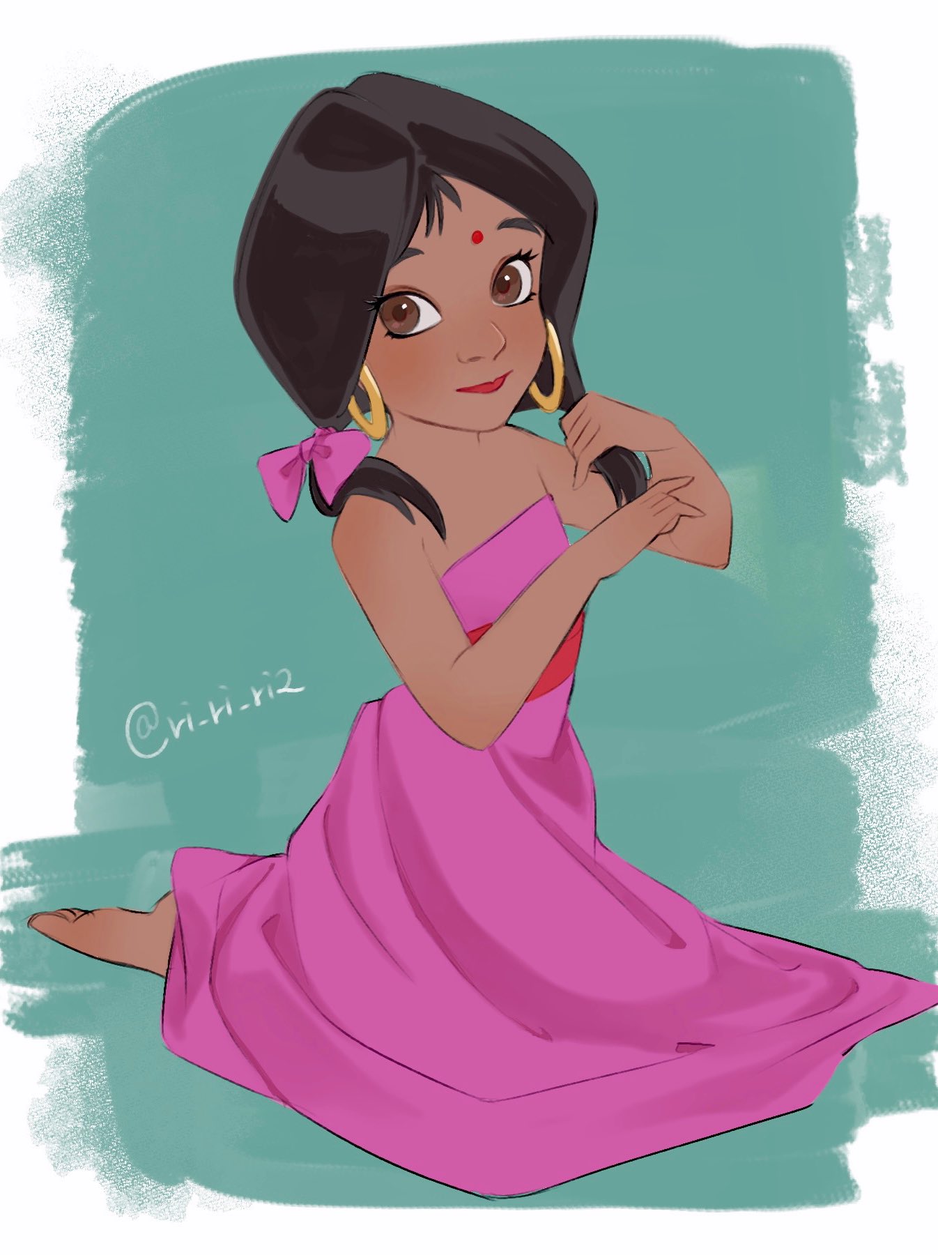 1girl, bare_arms, bare_shoulders, barefoot, bindi, black_hair, border, bow