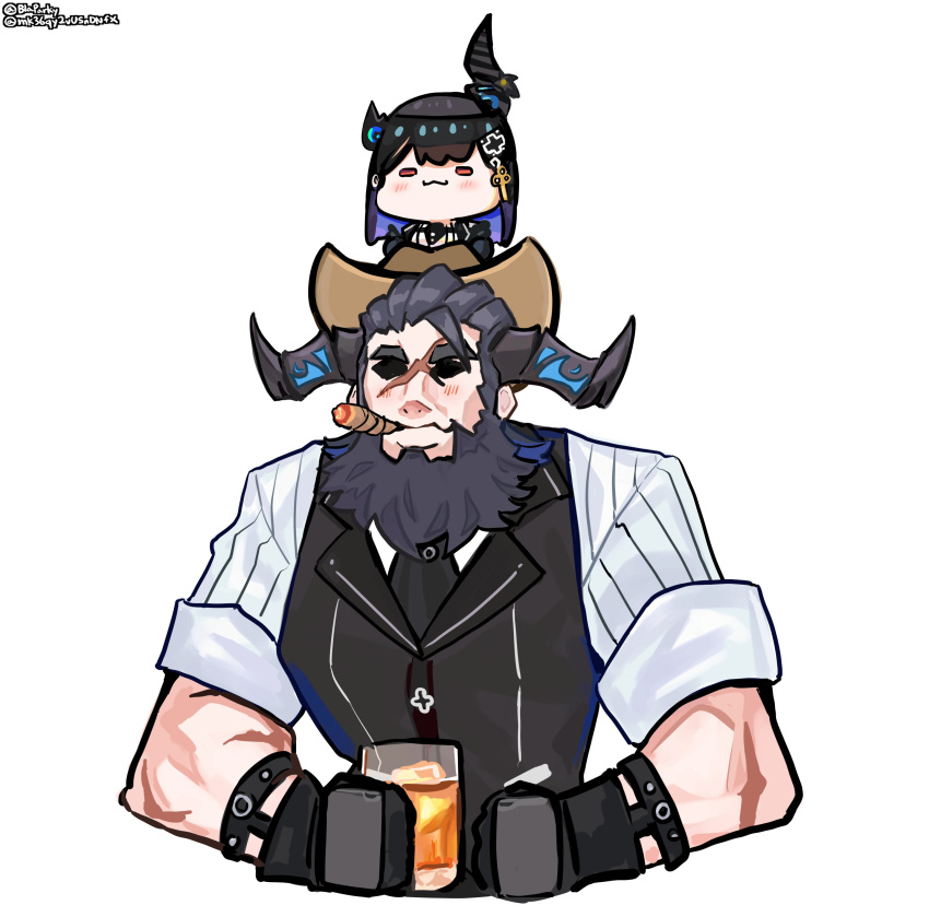 1boy, 1girl, absurdres, asymmetrical_horns, black_hair, blaparky, chibi, cigar