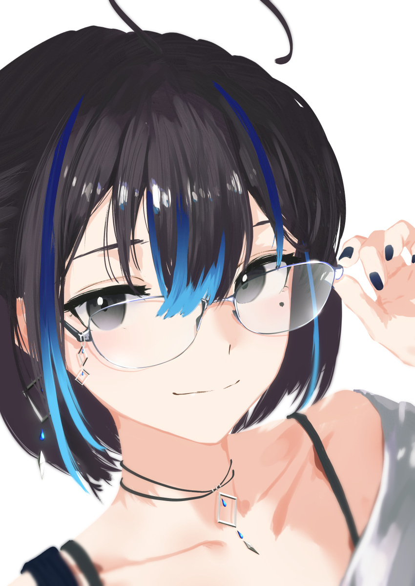 1girl, absurdres, adjusting_eyewear, ahoge, black_eyes, black_hair, black_nails, blue_hair, blue_streaks, bra_strap, closed_mouth, cohi27151463, collarbone, double-parted_bangs, earrings, glasses, hair_between_eyes, hand_up, highres, indie_virtual_youtuber, jewelry, light_smile, looking_at_viewer, mole, mole_under_eye, multicolored_hair, nail_polish, necklace, off-shoulder_shirt, off_shoulder, shirt, short_hair, simple_background, single_earring, smile, solo, streaked_hair, virtual_youtuber, white_background, white_shirt, yubari_rei
