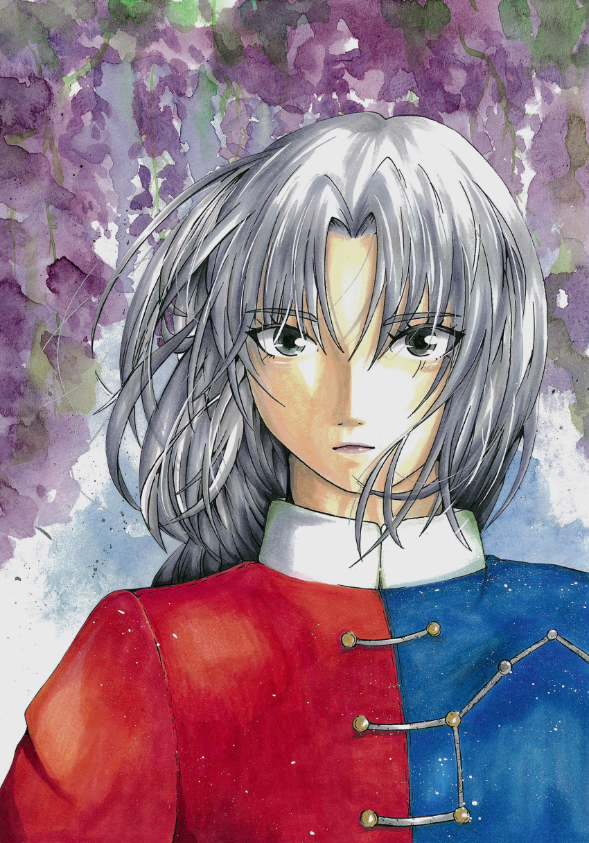 1girl, absurdres, blue_shirt, closed_mouth, commentary_request, eae40, expressionless, flower