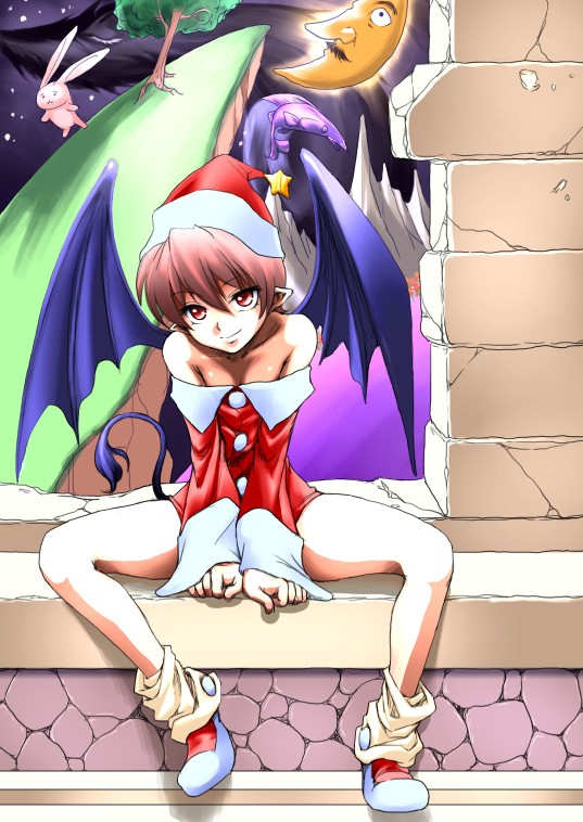brown_eyes, brown_hair, christmas, demon_girl, hat, original, santa_costume, santa_hat