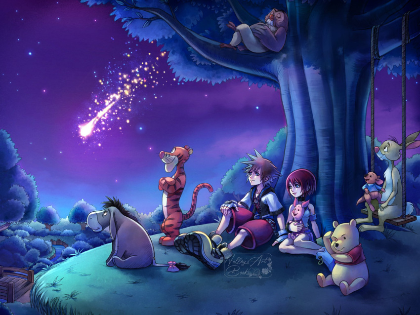 1boy, 1girl, armband, bare_shoulders, bear, bird, blue_eyes, blue_shirt