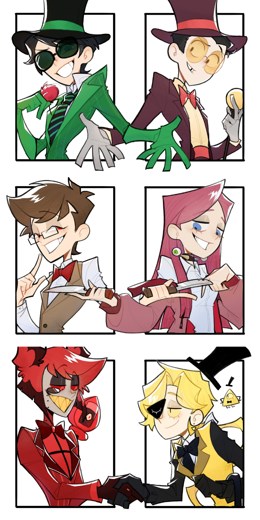 1girl, 5boys, :d, ;), absurdres, alastor_(hazbin_hotel), alastor_(human)_(hazbin_hotel), animal_ears