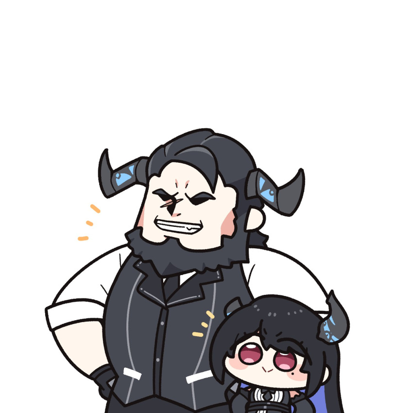 1boy, 1girl, asymmetrical_horns, beard, black_hair, blue_hair, chibi, colored_inner_hair, demon_horns, facial_hair, hair_ornament, highres, hololive, hololive_english, horns, long_hair, malphis_ravencroft, mole, mole_under_eye, multicolored_hair, necktie, nerissa_ravencroft, paparissa, red_eyes, two-tone_hair, underdatv, virtual_youtuber