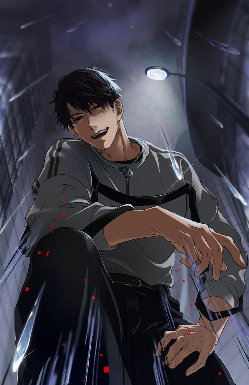 1boy, black_pants, brown_eyes, brown_hair, building, caleb_(love_and_deepspace), city, dog_tags, from_below, grey_shirt, hair_between_eyes, highres, lamppost, looking_at_viewer, love_and_deepspace, male_focus, oekaki_shitou, on_one_knee, open_mouth, outdoors, pants, rain, shaded_face, shirt, short_hair, skyscraper, smile, solo, sweater