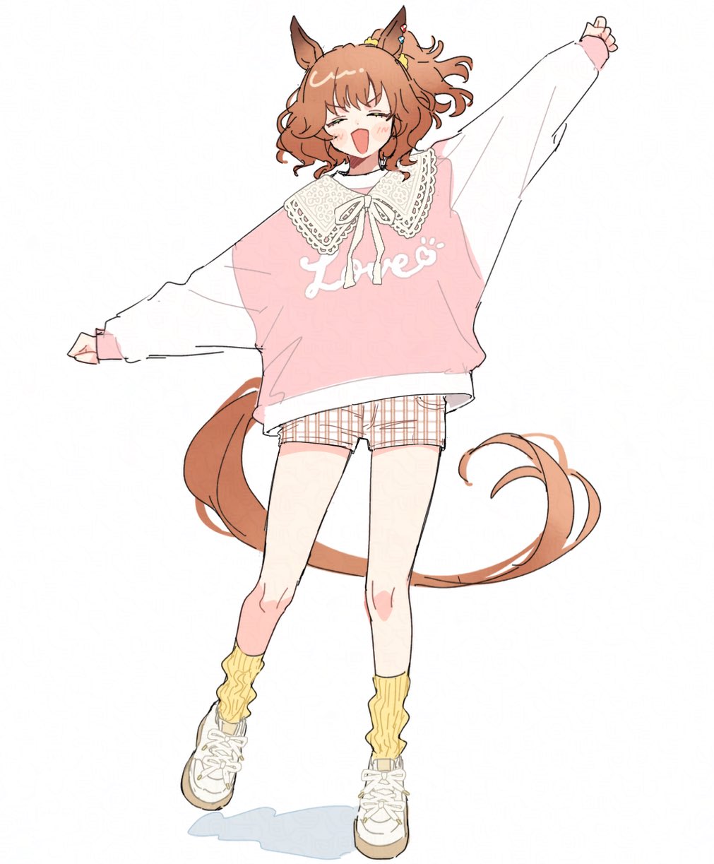 1girl, acta_0907, alternate_costume, aston_machan_(umamusume), brown_hair, brown_skirt, clothes_writing, commentary_request