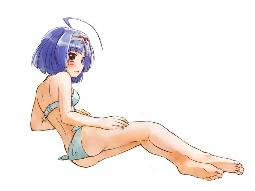ahoge, bare_legs, barefoot, bikini, blue_hair, brown_eyes, feet, highres