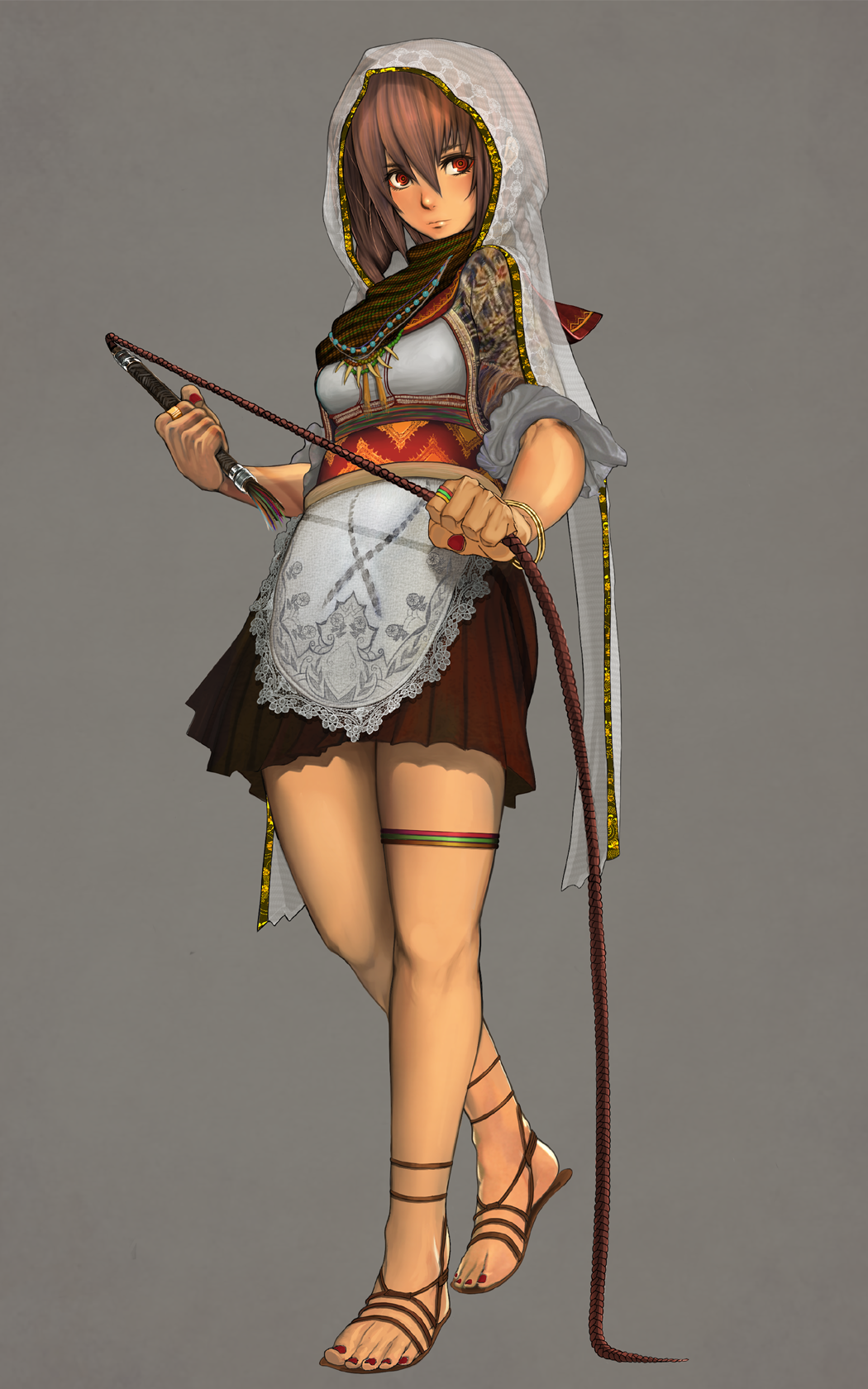 1girl, apron, bracelet, breasts, brown_hair, brown_sandals, closed_mouth, commentary_request