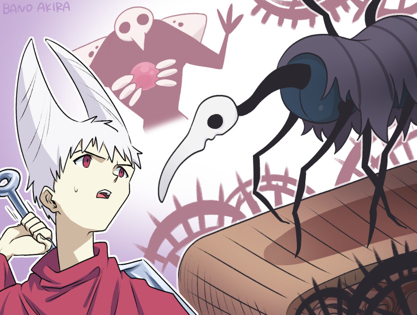 1boy, alternate_costume, alternate_eye_color, alternate_hair_color, alternate_hairstyle, artist_name, bano_akira, black_eyes, blank_eyes, cloak, commentary, cosplay, english_commentary, hand_up, holding, holding_weapon, hollow_knight, horn-shaped_hair, hornet_(hollow_knight), hornet_(hollow_knight)_(cosplay), ikari_shinji, loam_(hollow_knight), needle_(hollow_knight), neon_genesis_evangelion, open_mouth, outline, red_cloak, red_eyes, sachiel_(evangelion), short_hair, signature, sweat, teeth, treadmill, weapon, weapon_on_back, white_hair, white_outline