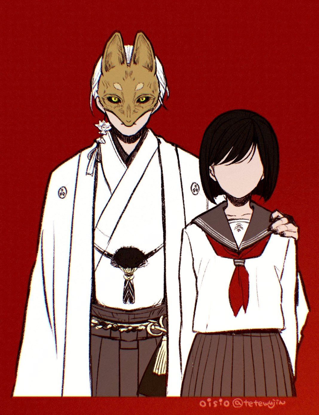 1boy, 1girl, arm_around_shoulder, artist_name, black_hair, black_nails, black_sailor_collar, black_sclera