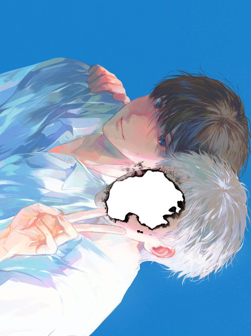 2boys, absurdres, black_hair, blue_background, blue_eyes, carl_4, closed_mouth, collared_shirt