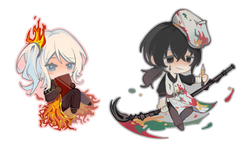 1boy, 1girl, apron, ardor_blossom_star_(e.g.o), beret, black_eyes, black_hair, black_pants