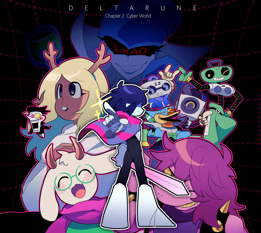 1other, 3girls, 6+boys, antlers, backwards_hat, berdly_(dark_world)_(deltarune), berdly_(deltarune), blonde_hair