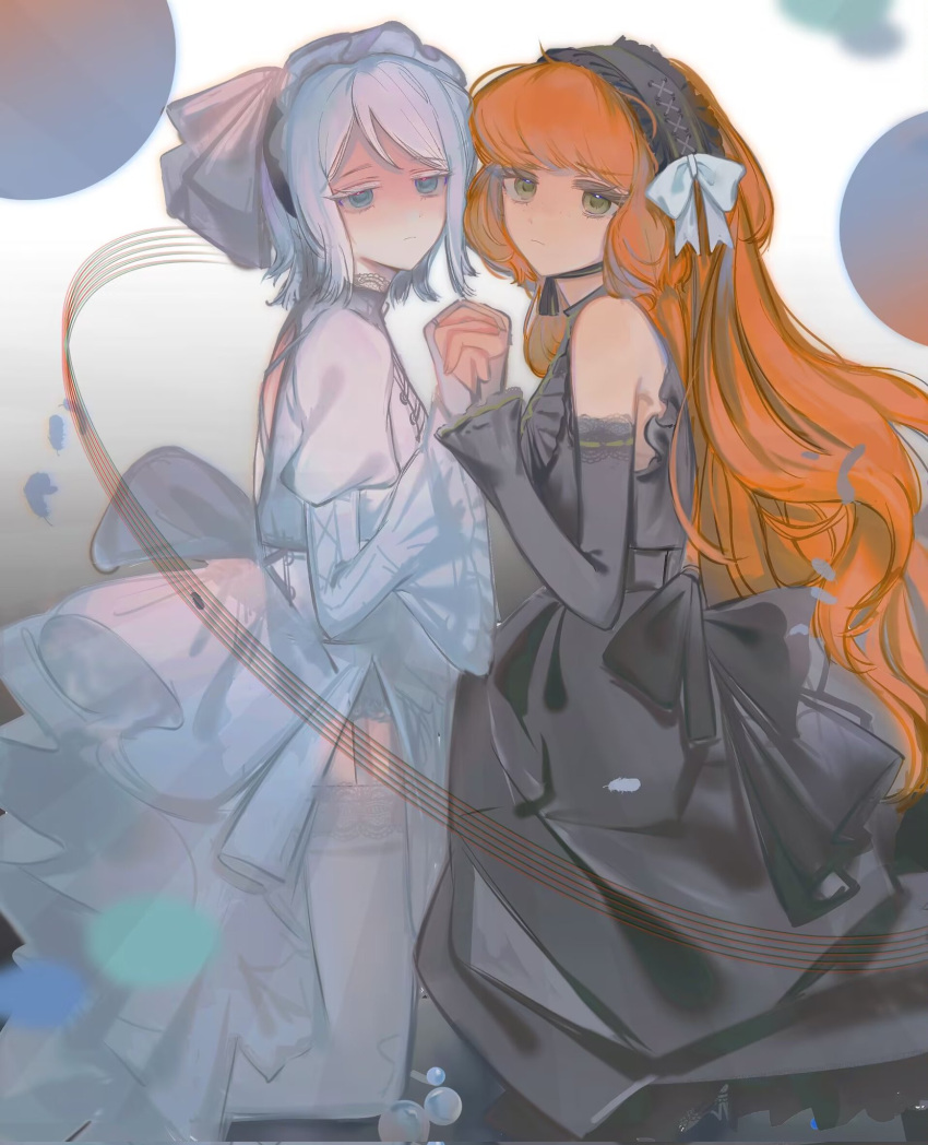 2girls, alternate_costume, bare_shoulders, black_bow, black_dress, black_hairband, blue_eyes, bonnet, bow, closed_mouth, detached_sleeves, dress, faust_(project_moon), freckles, green_eyes, grey_background, hair_bow, hairband, highres, holding_hands, ishmael_(project_moon), kneeling, lace-trimmed_thighhighs, lace_trim, limbus_company, long_hair, long_sleeves, looking_at_viewer, multiple_girls, orange_hair, project_moon, short_hair, simple_background, thigh-highs, upper_body, vgh3pncsgb22169, white_bonnet, white_bow, white_dress, white_hair, white_thighhighs