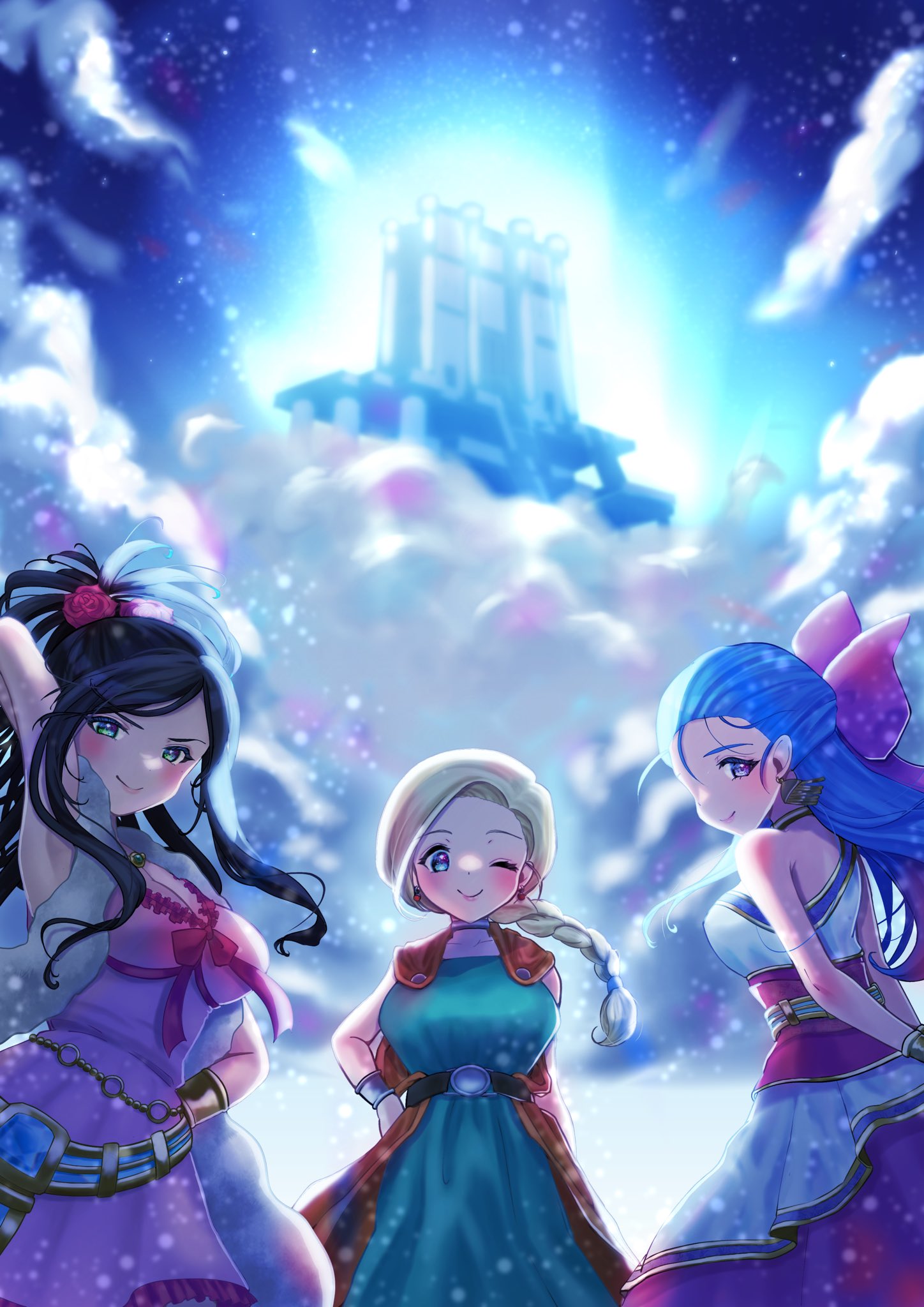3girls, arm_behind_head, arms_behind_back, bare_shoulders, bianca_(dq5), black_hair, blonde_hair, blue_eyes