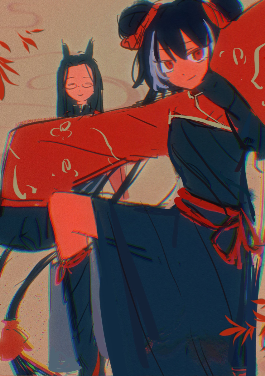 1boy, 1girl, animal_ears, black_dress, black_hair, black_shoes, chinese_clothes, closed_eyes