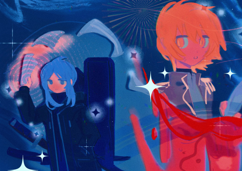 2girls, :o, bari_(project_moon), black_coat, black_sweater, blonde_hair, blood, blue_background