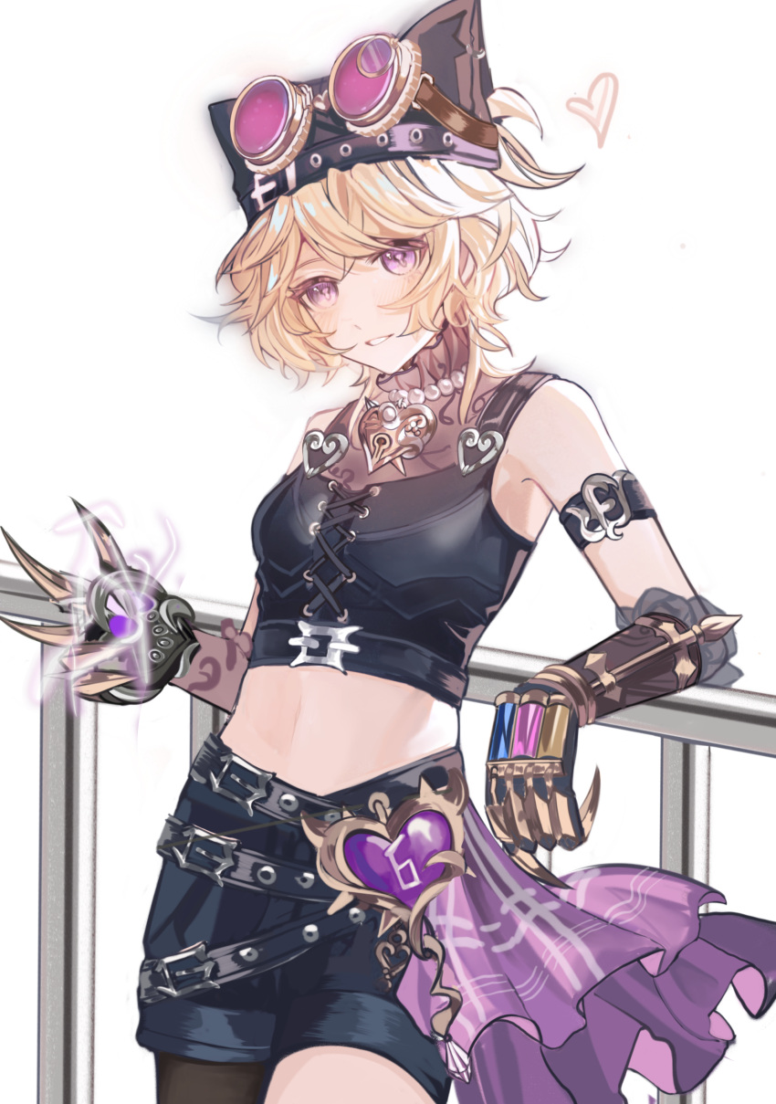 1girl, absurdres, animal_hat, arm_strap, belt, black_shorts, blonde_hair, cat_hat