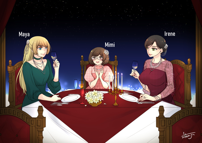 absurdres, black_hair, blonde_hair, blue_eyes, brown_eyes, brown_hair, candle, character_name