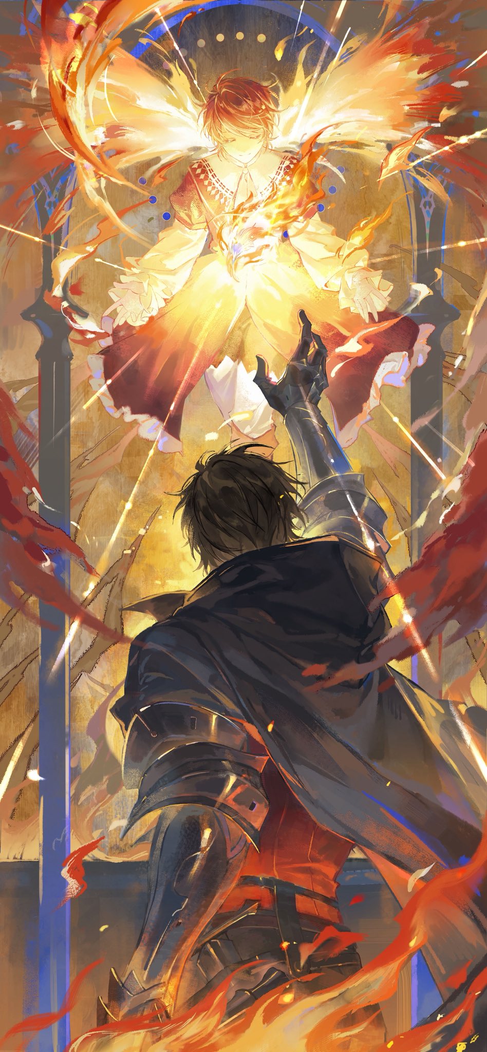 2boys, arm_up, black_cape, black_hair, blonde_hair, brothers, cape, chinese_commentary