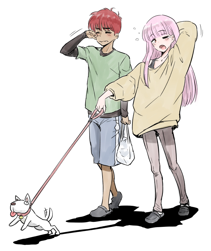 2boys, bag, blue_shorts, commentary_request, crocs, full_body, green_shirt, grey_leggings, hasukawa_kazuya, henriiku_(ahemaru), holding, holding_bag, holding_leash, kisaragi_shun, koko_wa_greenwood, leash, leggings, long_hair, multiple_boys, pet_walking, pink_hair, red_hair, rubbing_eyes, shirt, short_hair, shorts, simple_background, squeans, sweater, trap, very_long_hair, walking, white_background, white_dog