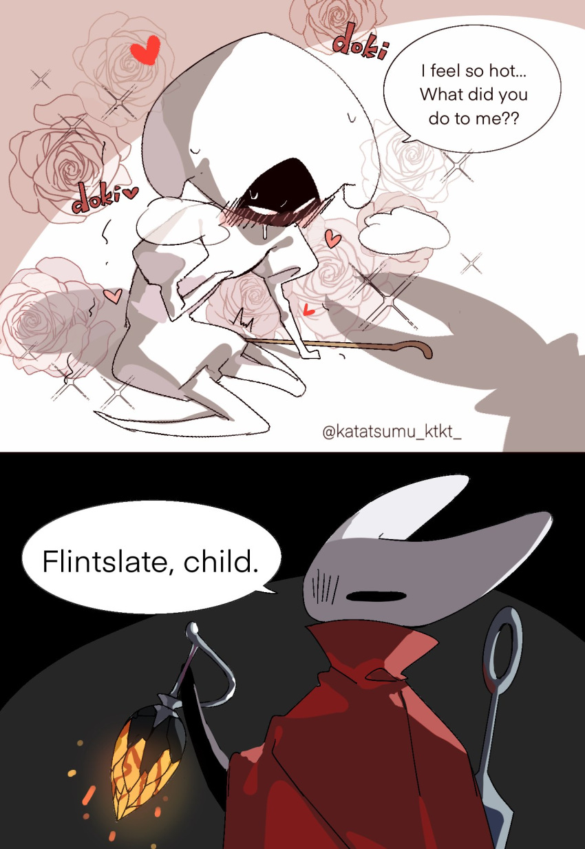 2girls, arthropod_girl, artist_name, blush, cloak, english_text, fire, flower