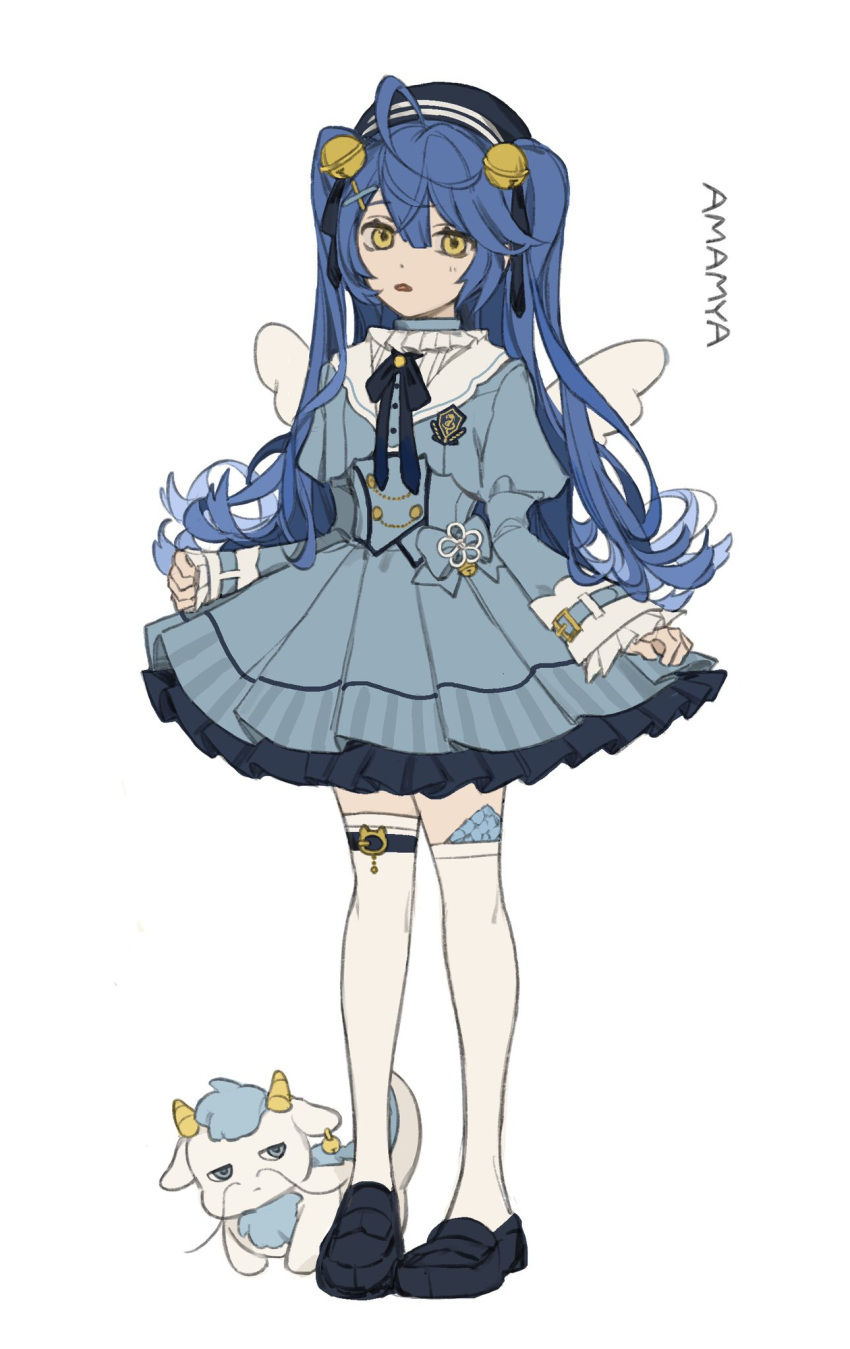 1girl, ahoge, amamiya_kokoro, amamiya_kokoro_(1st_costume), blue_dress, blue_hair, blue_shoes, dress