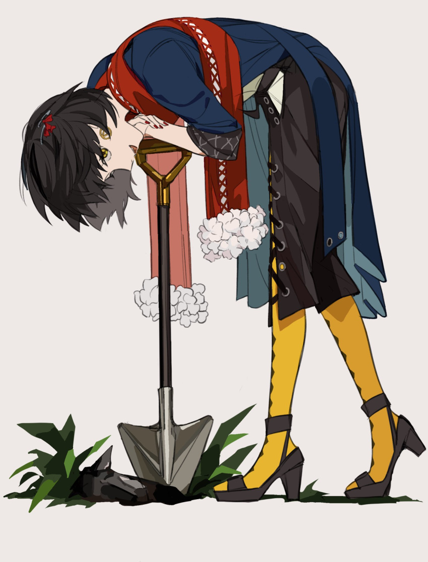 1boy, androgynous, bent_over, black_hair, black_pants, black_shoes, blue_coat, coat