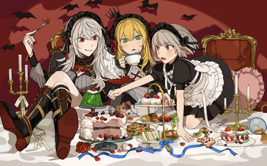 1boy, 2girls, apron, bat_(animal), black_dress, black_hairband, blonde_hair, brown_hair, cake, candlestand, chest_harness, colored_inner_hair, cookie, crossdressing, crossdressing_(mtf), crossed_legs, crown, cup, dress, flower, food, fork, green_eyes, grey_hair, hair_flower, hair_ornament, hairband, harness, highres, holding, holding_fork, legs_on_table, maid_apron, maid_headdress, makaino_ririmu, makaino_ririmu_(5th_costume), moku_(kedr2558), multicolored_hair, multiple_girls, nijisanji, official_alternate_costume, on_table, puffy_short_sleeves, puffy_sleeves, red_eyes, red_flower, red_rose, rose, sanya_(kuzuha), short_sleeves, sitting, table, teacup, trap, two-tone_hair, uzuki_kou, uzuki_kou_(4th_costume), virtual_youtuber, waist_apron